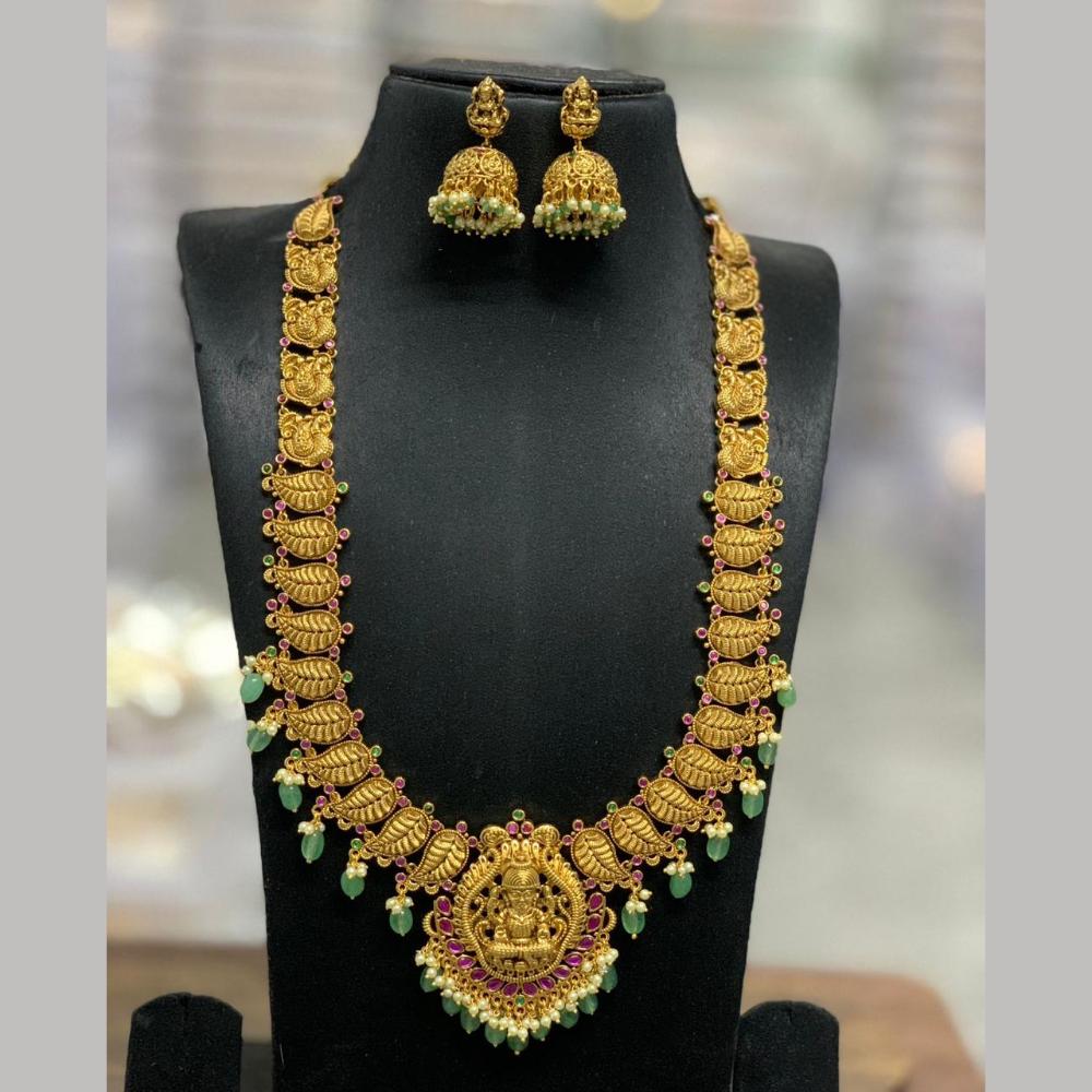 Sona Covering Gold Plated  Jadau Pota Stone And Pearl Temple Long Necklace Set