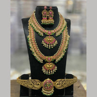 Sona Covering Jadau Pota Stone Pearl And Beads Luxurious Double Necklace Set With Kamarband