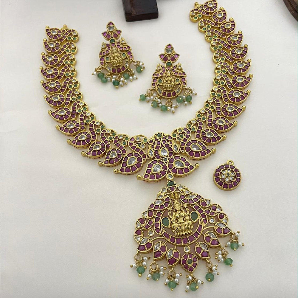 Sona Covering Delicate Pota Stone And Pearl Temple Necklace Set