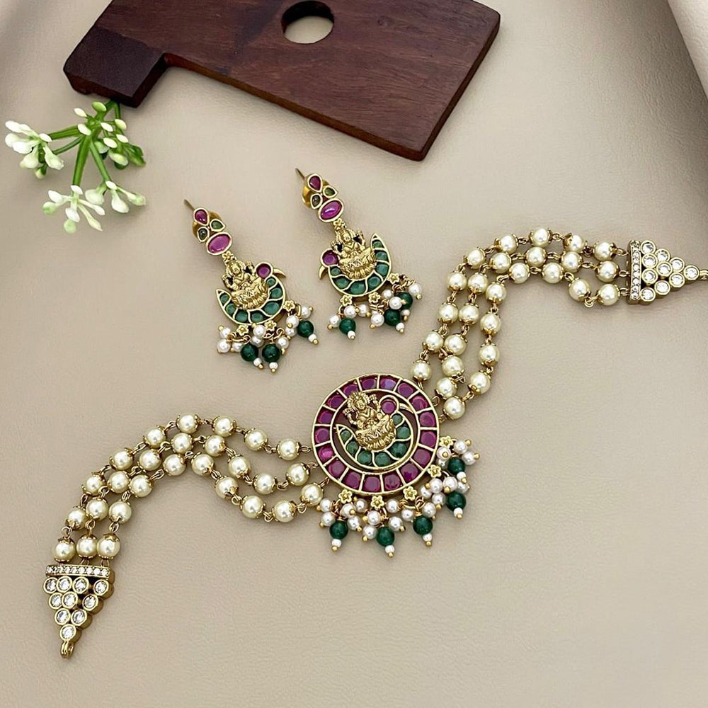 Sona Covering Delicate Pota Stone And Pearl Temple Choker Necklace Set
