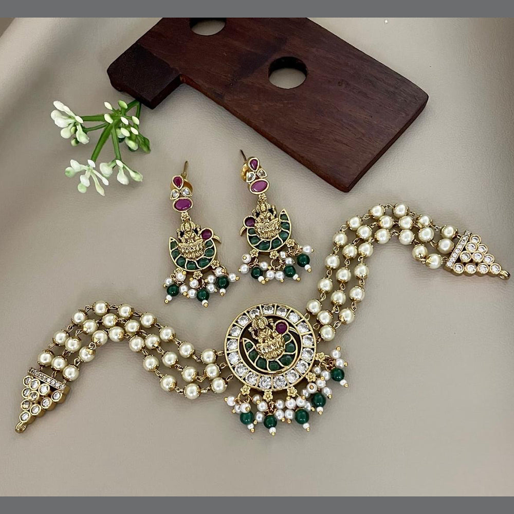 Sona Covering Delicate Pota Stone And Pearl Temple Choker Necklace Set