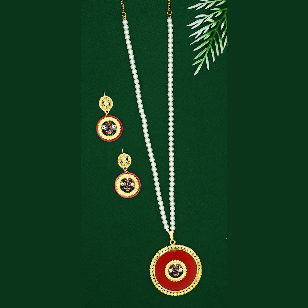 Mahavir Dye Gold Plated Pearl Long Necklace Set