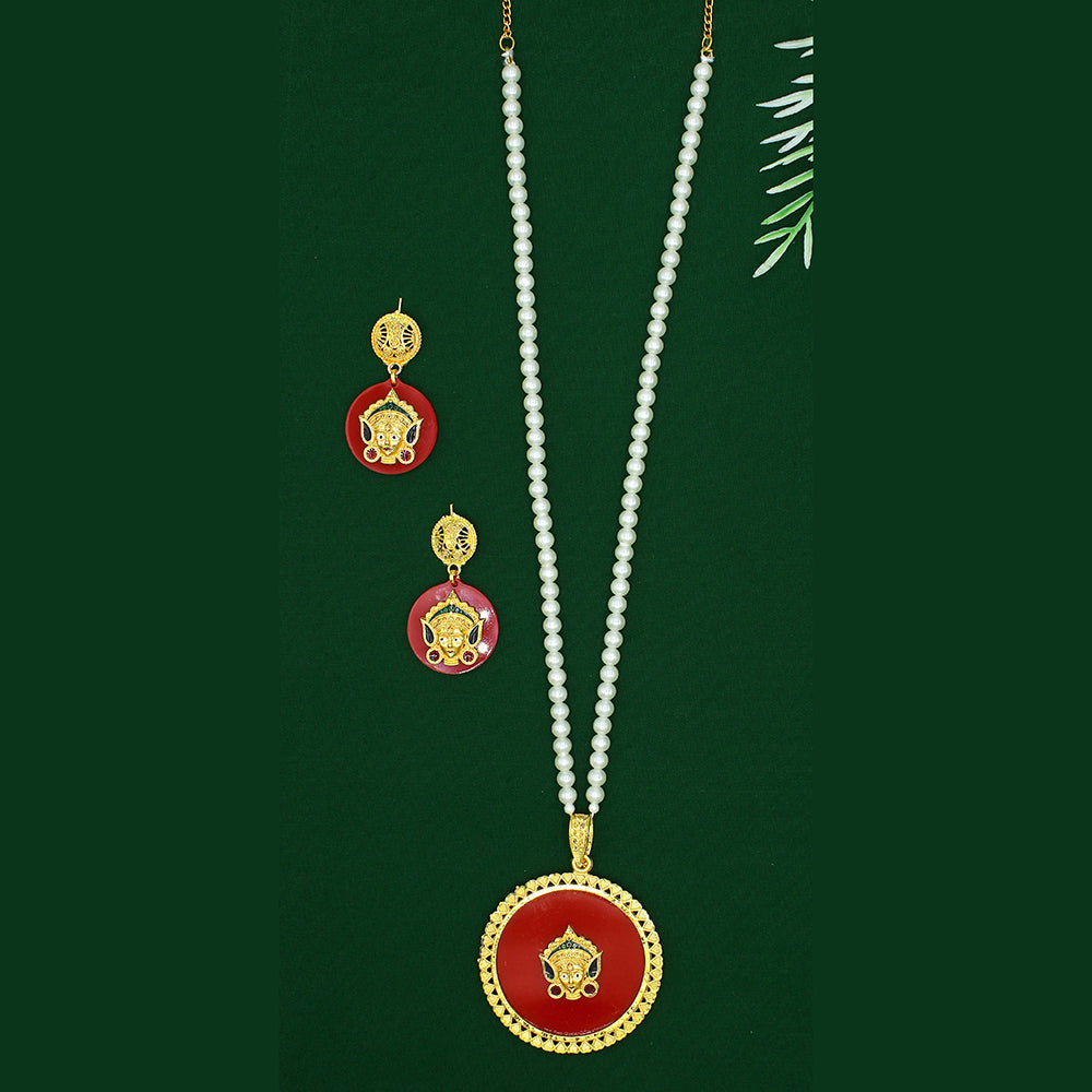 Mahavir Dye Gold Plated Pearl Long Necklace Set