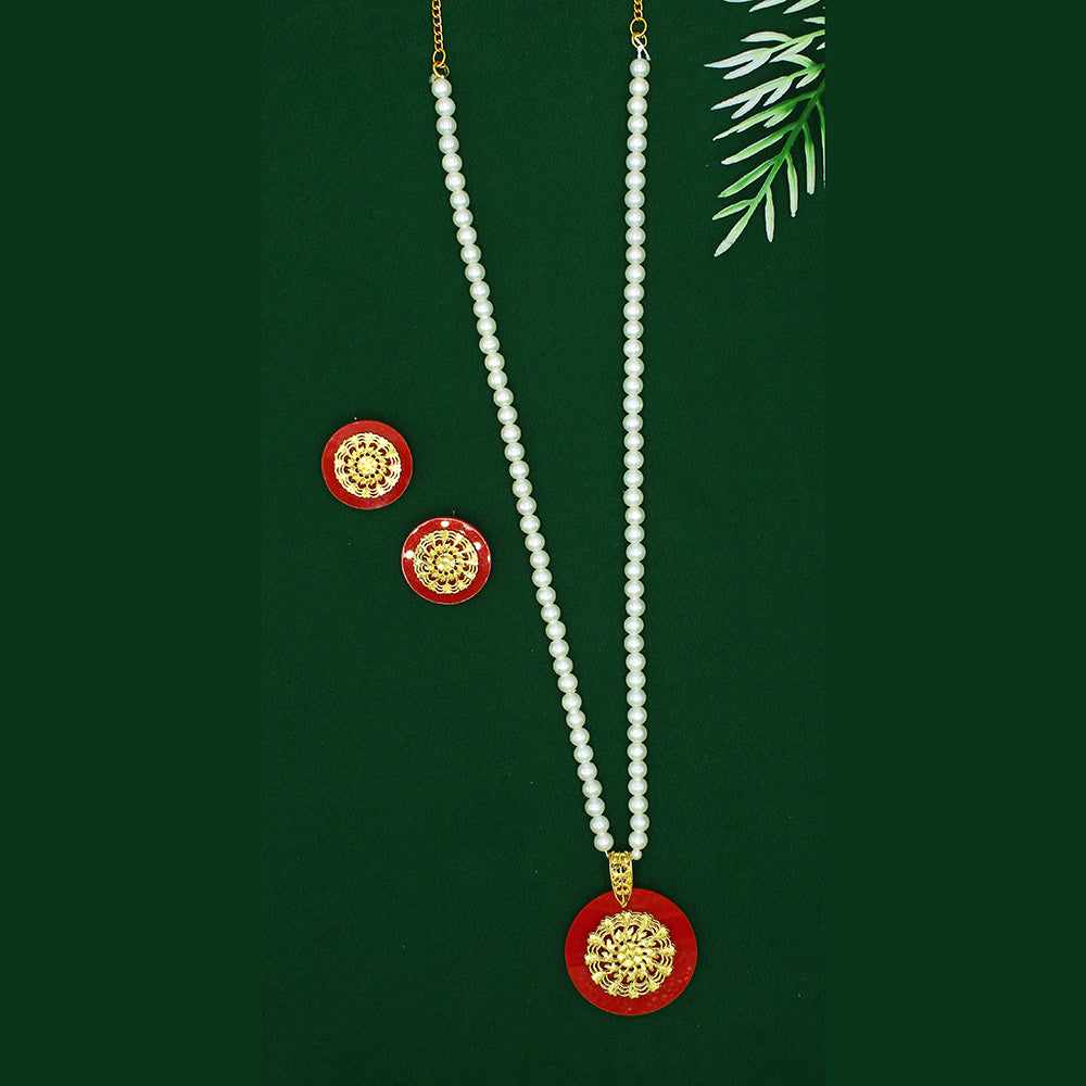 Mahavir Dye Gold Plated Pearl Long Necklace Set