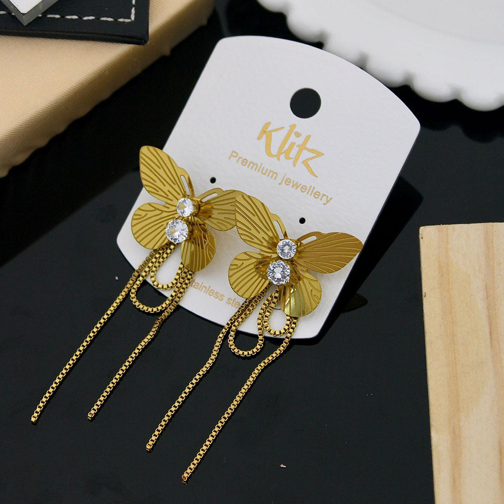 Klitz Stylish Stainless Steel Austrian Stone And Butterfly Dangler Earrings