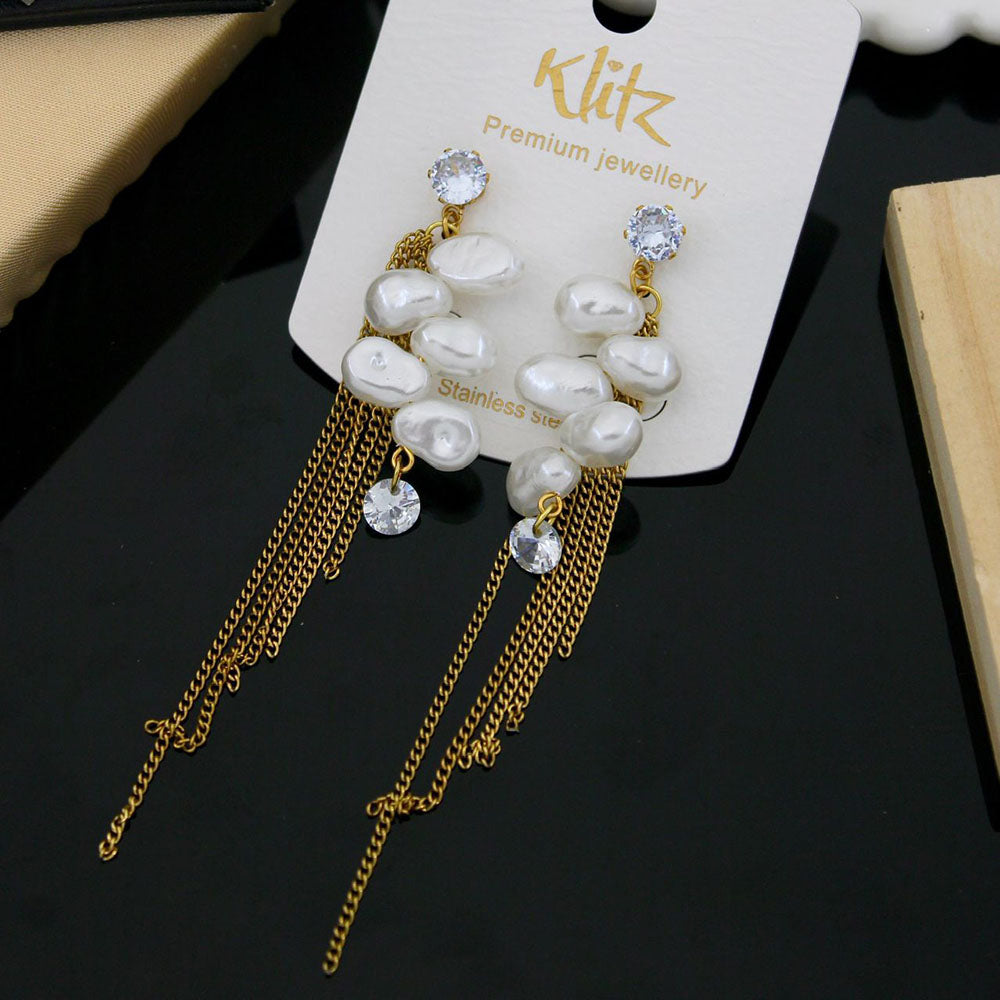 Klitz Stylish Stainless Steel Crystal Stone And Beads Dangler Earrings