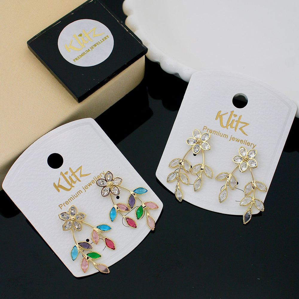 Klitz Shimmering Crystal Stone Stylish Floral Dangler Earrings