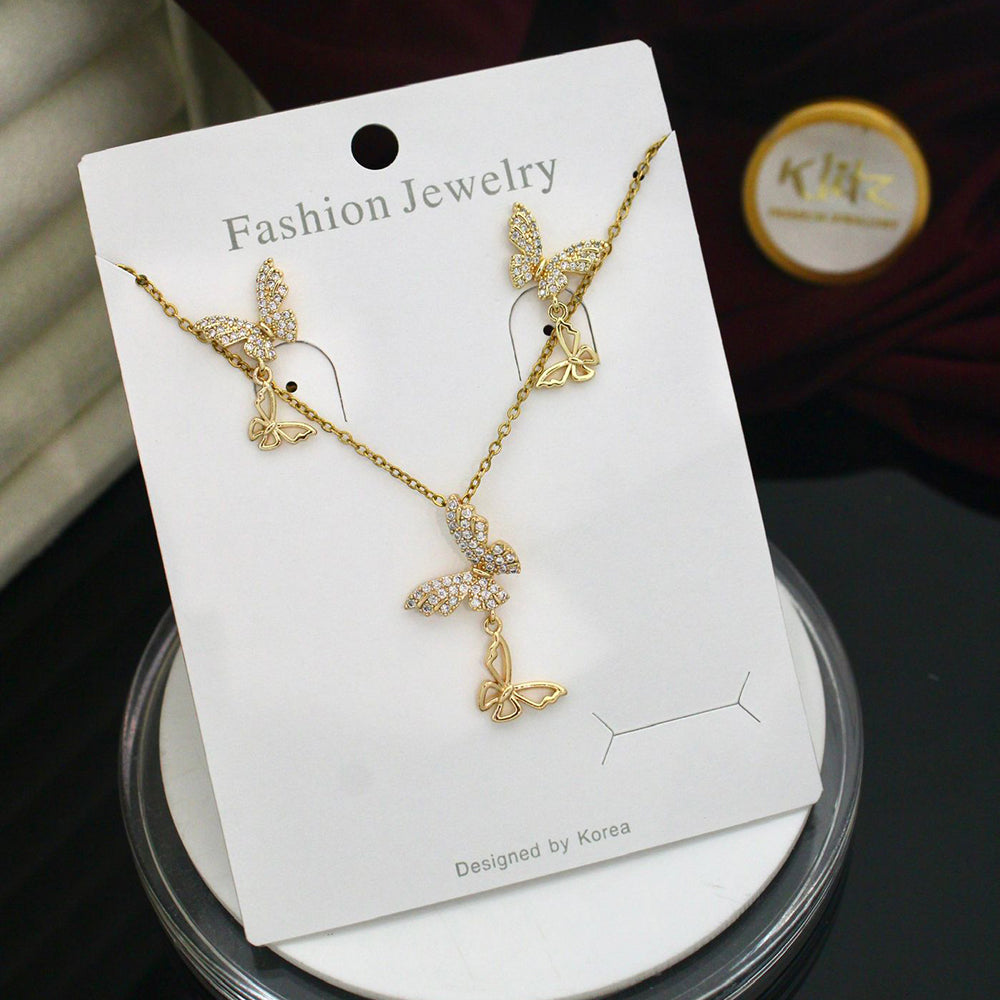 Klitz Classic Stainless Steel  Austrian Stone Butterfly Chain Pendant Set (Pack of 12)