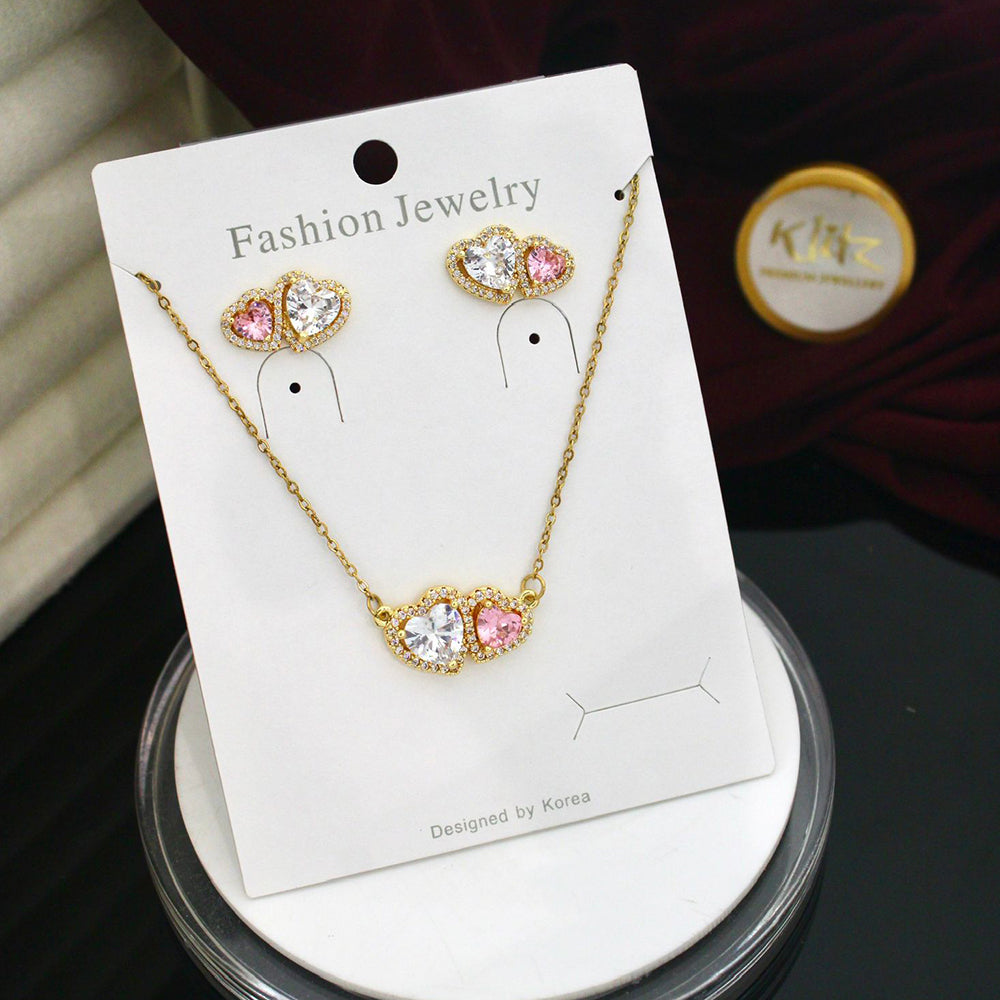 Klitz Classic Stainless Steel  Austrian Stone Heart Shape Chain Pendant Set (Pack of 12)