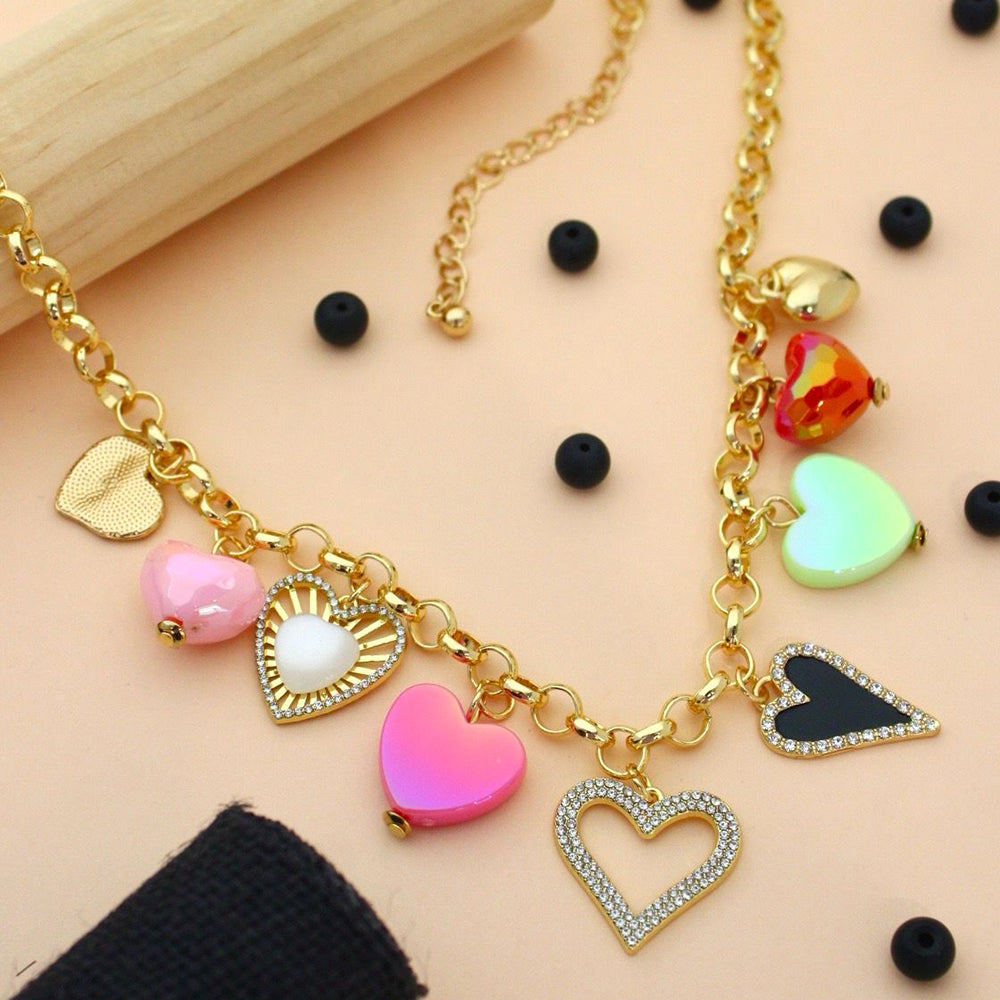 KlitzDesigner Stainless Steel  Multi Colour Heart Charm Necklace for Women (Pack of 12)