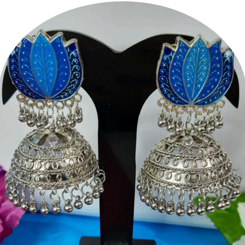 Dhirish International Lotus Enamel Antique Finish Jhumki Earrings