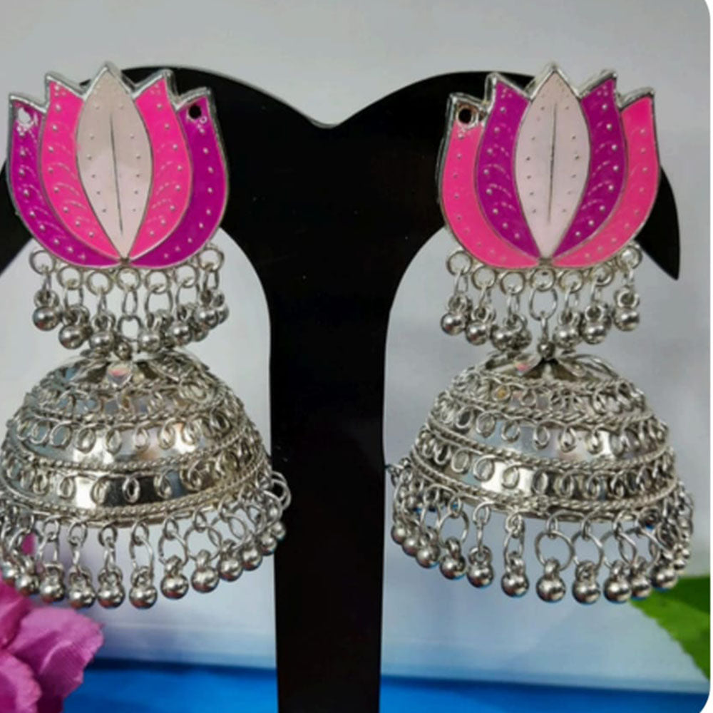 Dhirish International Lotus Enamel Antique Finish Jhumki Earrings
