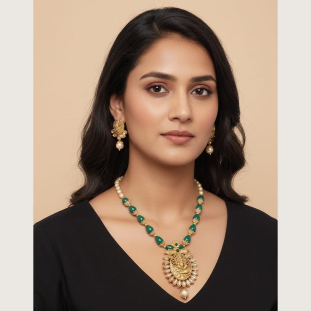 Dhirish International Pota Stone Lord Ganesh Necklace Set