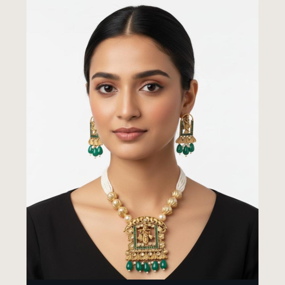 Dhirish International Luxury Pota Stone And Pearl Temple Necklace Set