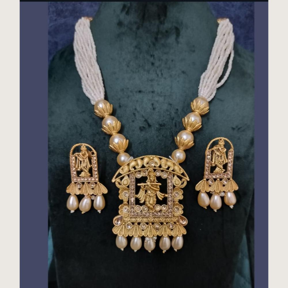 Dhirish International Luxury Pota Stone And Pearl Temple Necklace Set