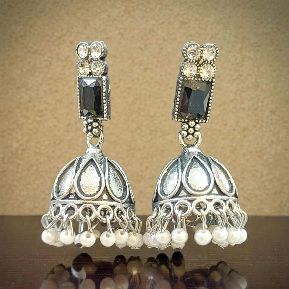 Dhirish International Heritage Oxidised Plated Pota Stone And Pearl Jhumki Earrings