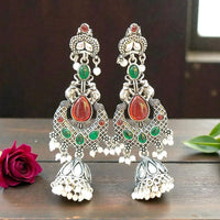 Dhirish International Heritage Oxidised Plated Pota Stone And Pearl Jhumki Earrings