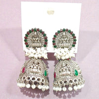Dhirish International Heritage Oxidised Plated Pota Stone And Pearl Temple Jhumki Earrings