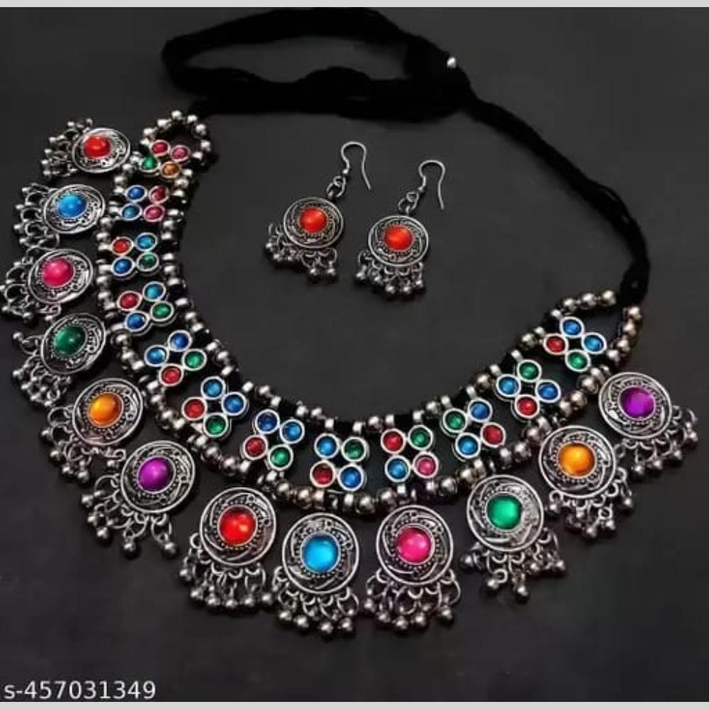 Dhirish International Elegant Oxidised Pota Stone Designer Necklace Set 