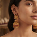 Dhirish International Premium Festive Pota Stone And Pearl Temple Jhumki Earrings