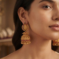 Dhirish International Premium Festive Pota Stone And Pearl Temple Jhumki Earrings