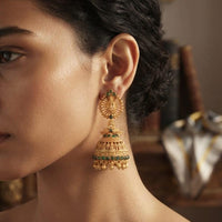 Dhirish International Premium Festive Pota Stone And Pearl Temple Jhumki Earrings