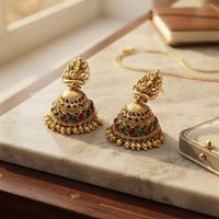 Dhirish International Premium Festive Pota Stone And Pearl Temple Jhumki Earrings