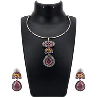 Dhirish International Statement Oxidised Plated Pota Stone Choker Necklace Set
