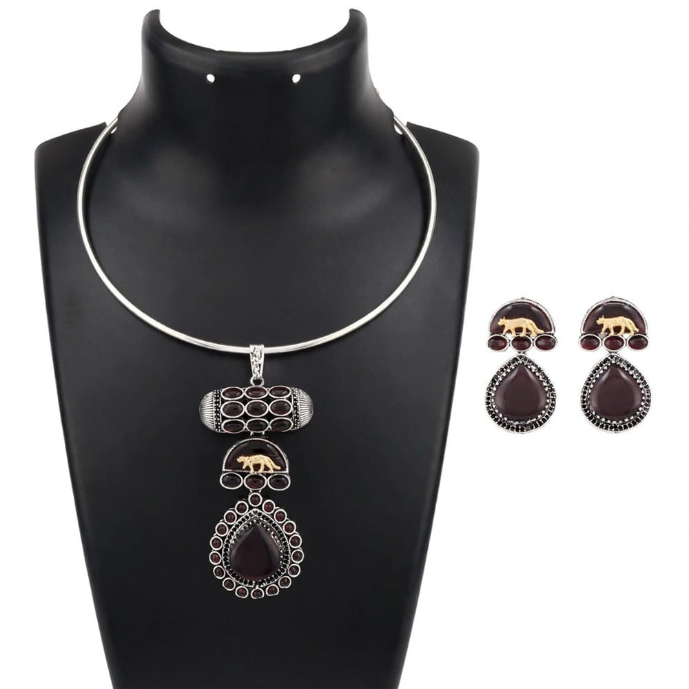 Dhirish International Statement Oxidised Plated Pota Stone Choker Necklace Set