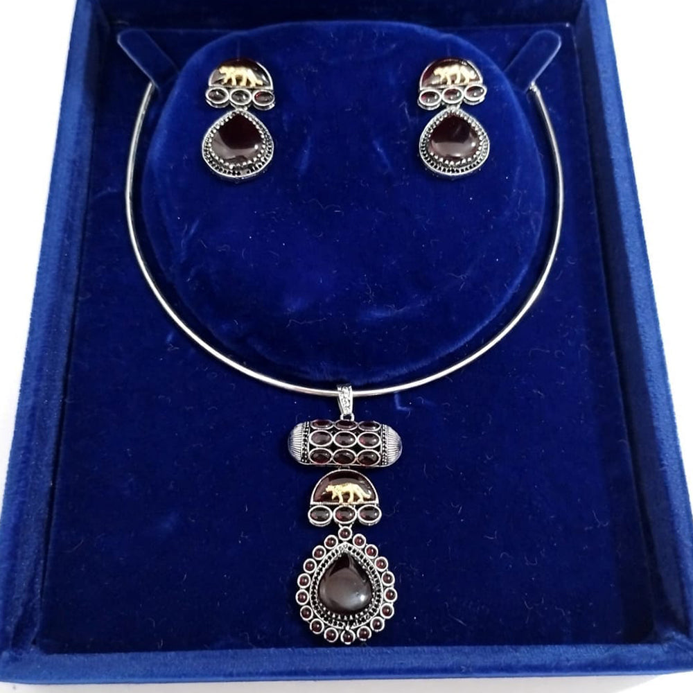 Dhirish International Statement Oxidised Plated Pota Stone Choker Necklace Set