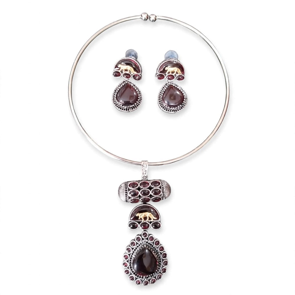 Dhirish International Statement Oxidised Plated Pota Stone Choker Necklace Set