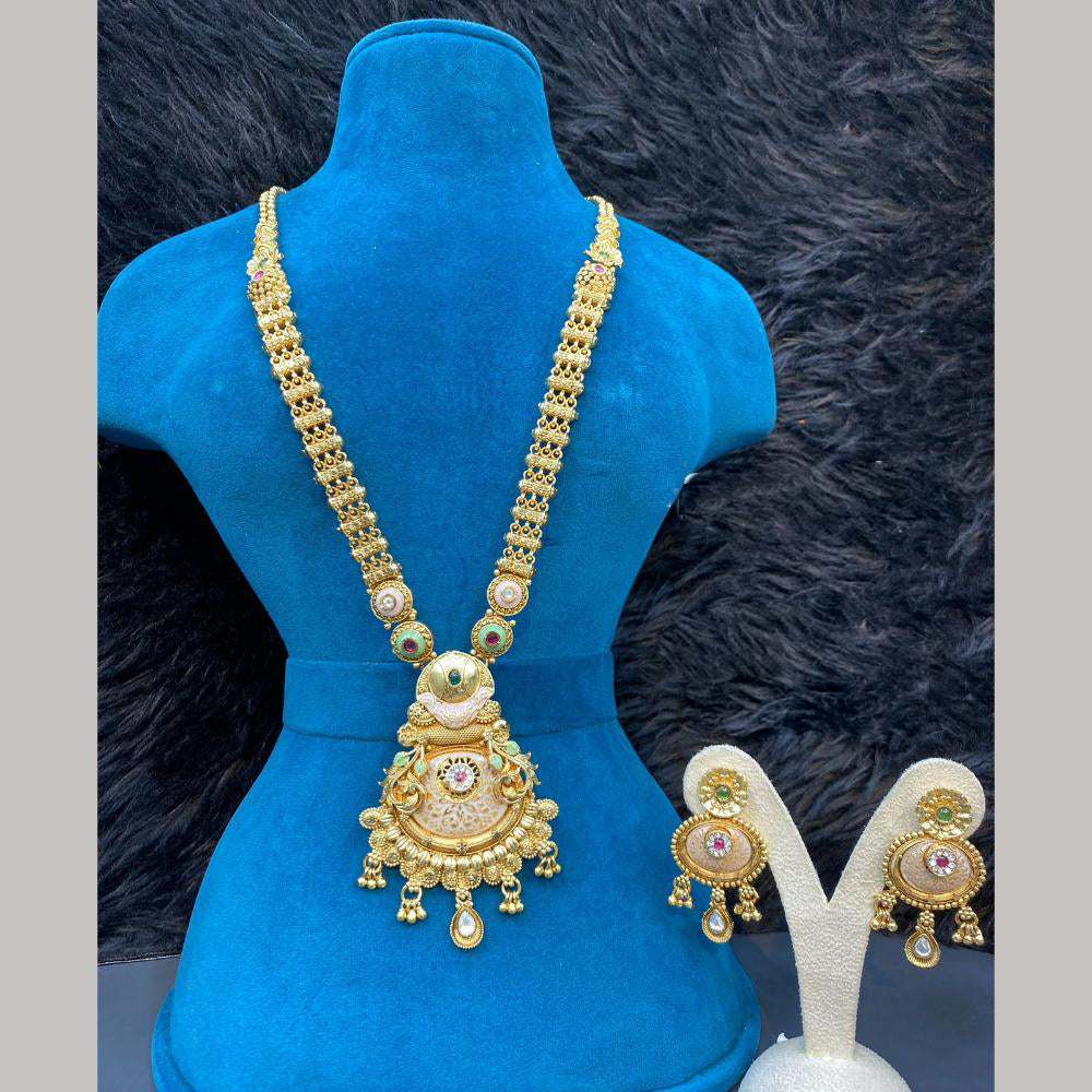 Dhiraj Sales Gold Plated Pota Stone And Pearl Meenakari Long Necklace Set