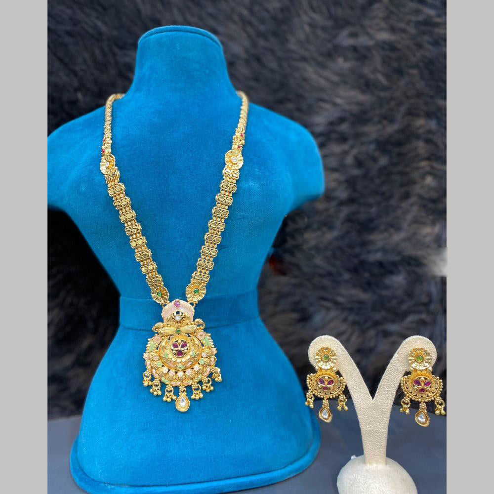 Dhiraj Sales Gold Plated Pota Stone And Pearl Meenakari Long Necklace Set