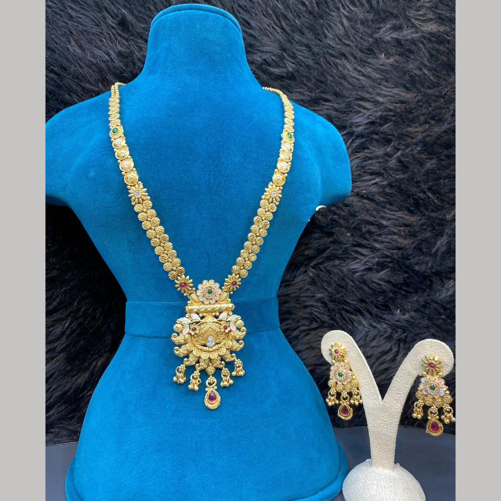 Dhiraj Sales Gold Plated Pota Stone And Pearl Meenakari Long Necklace Set