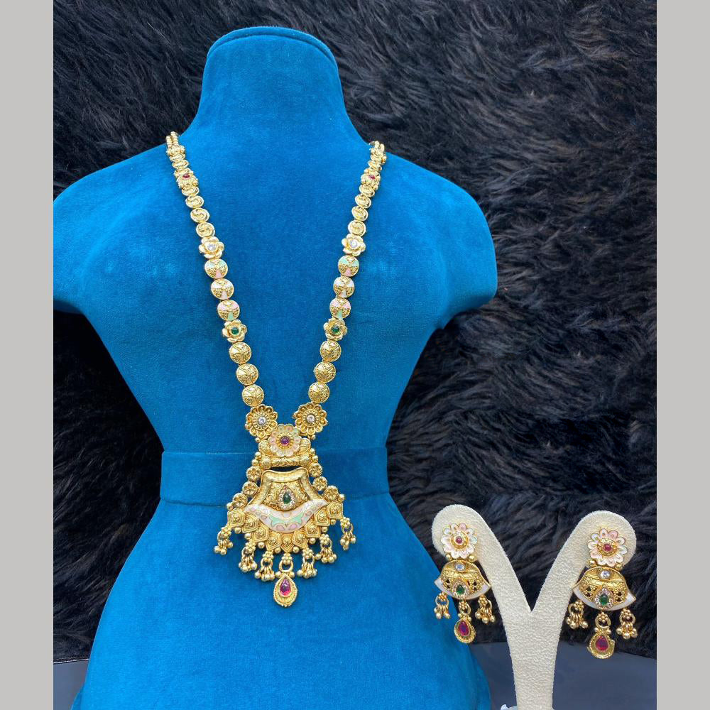Dhiraj Sales Gold Plated Pota Stone And Pearl Meenakari Long Necklace Set