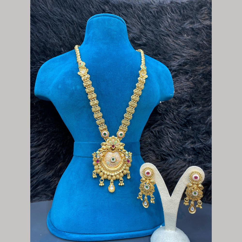 Dhiraj Sales Gold Plated Pota Stone And Pearl Meenakari Long Necklace Set