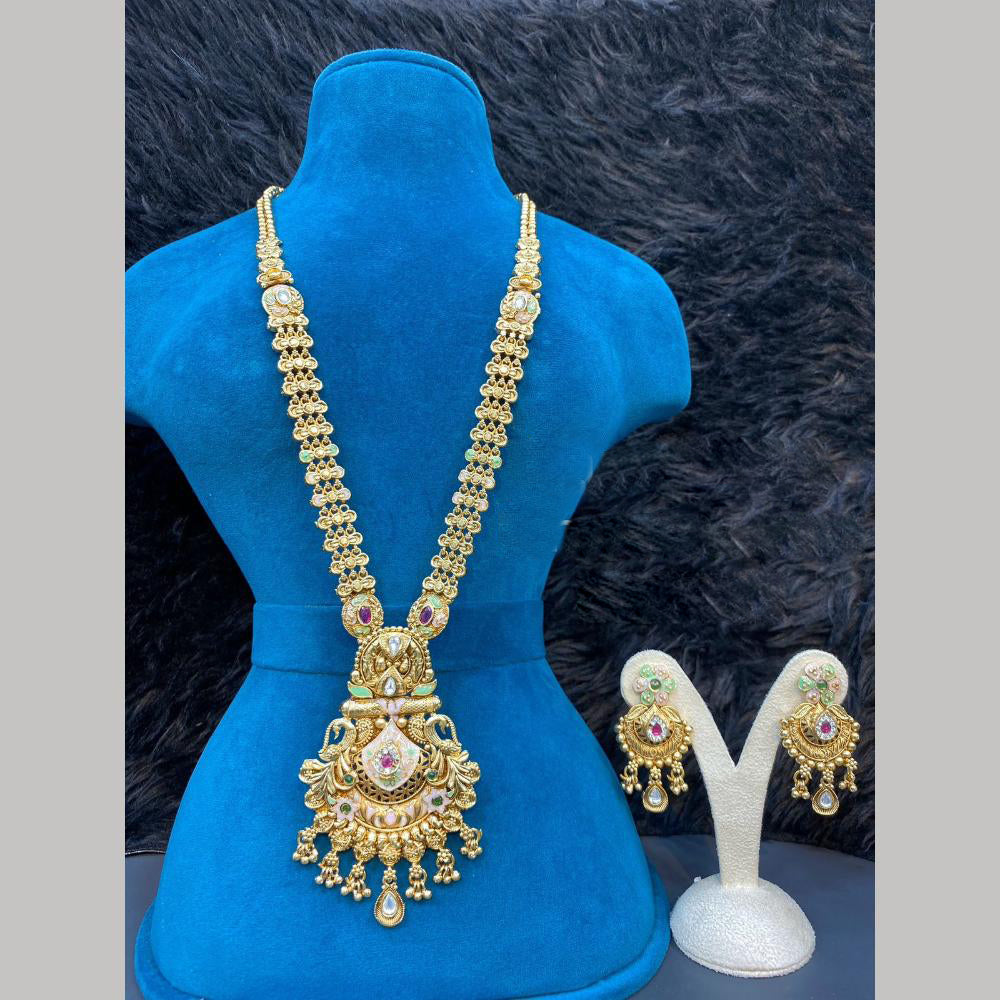Dhiraj Sales Gold Plated Pota Stone And Pearl Meenakari Long Necklace Set