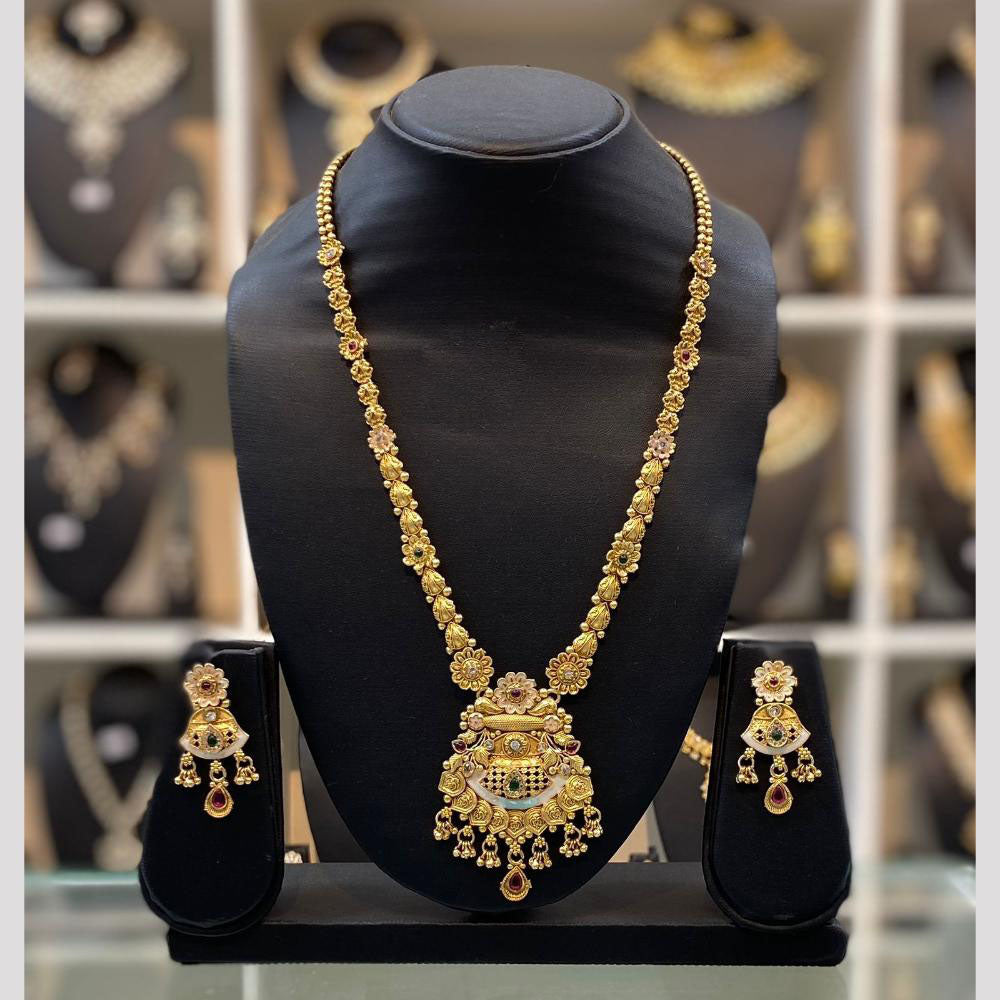 Dhiraj Sales Chopper Gold Plated Pota Stone And Meenakari Long Necklace Set