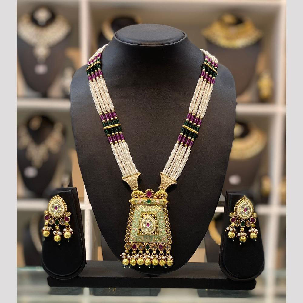 Dhiraj Sales Chopper Gold Plated Pota Stone And Meenakari Long Necklace Set