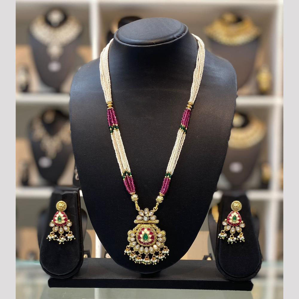 Dhiraj Sales Chopper Gold Plated Pota Stone And Meenakari Long Necklace Set