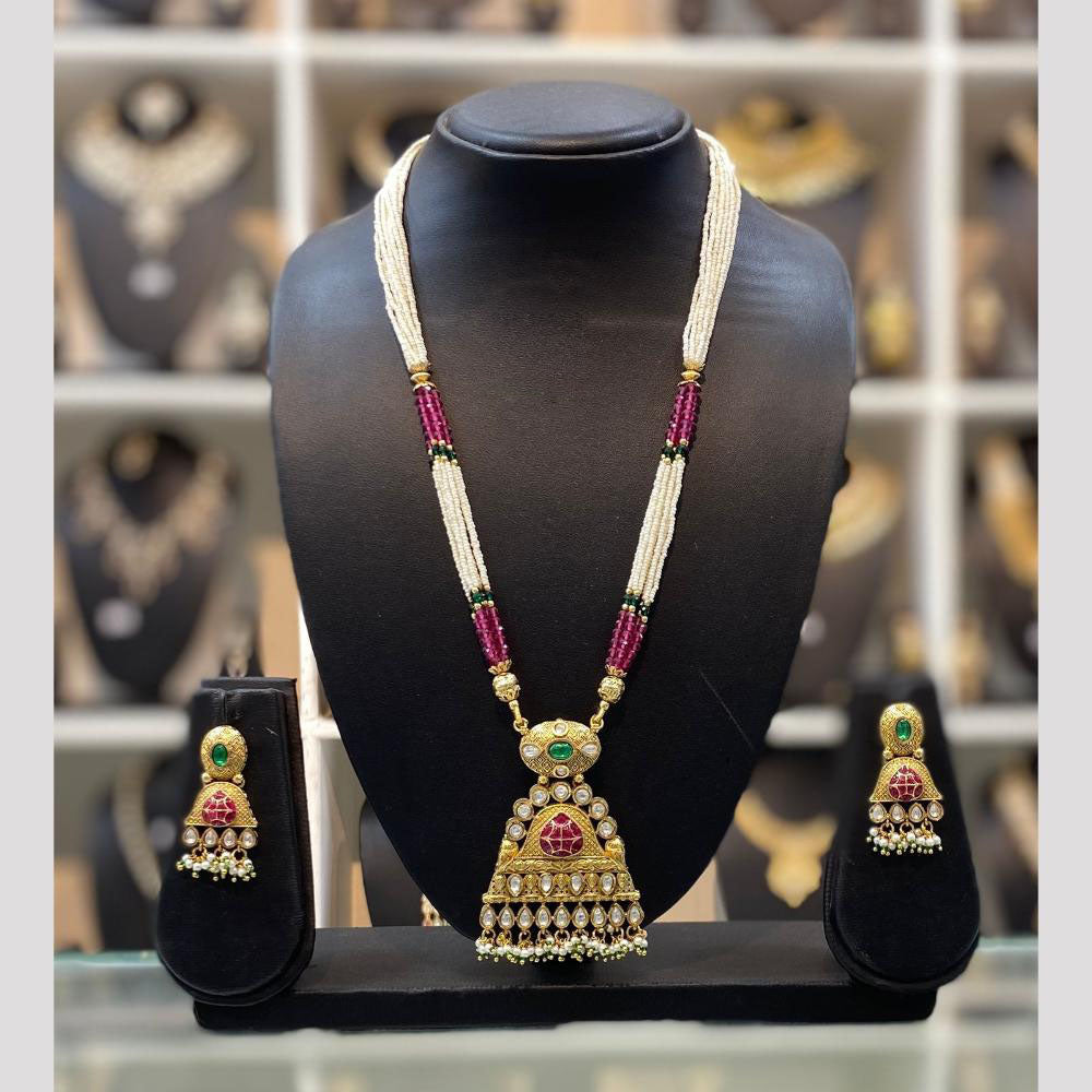 Dhiraj Sales Chopper Gold Plated Pota Stone And Meenakari Long Necklace Set