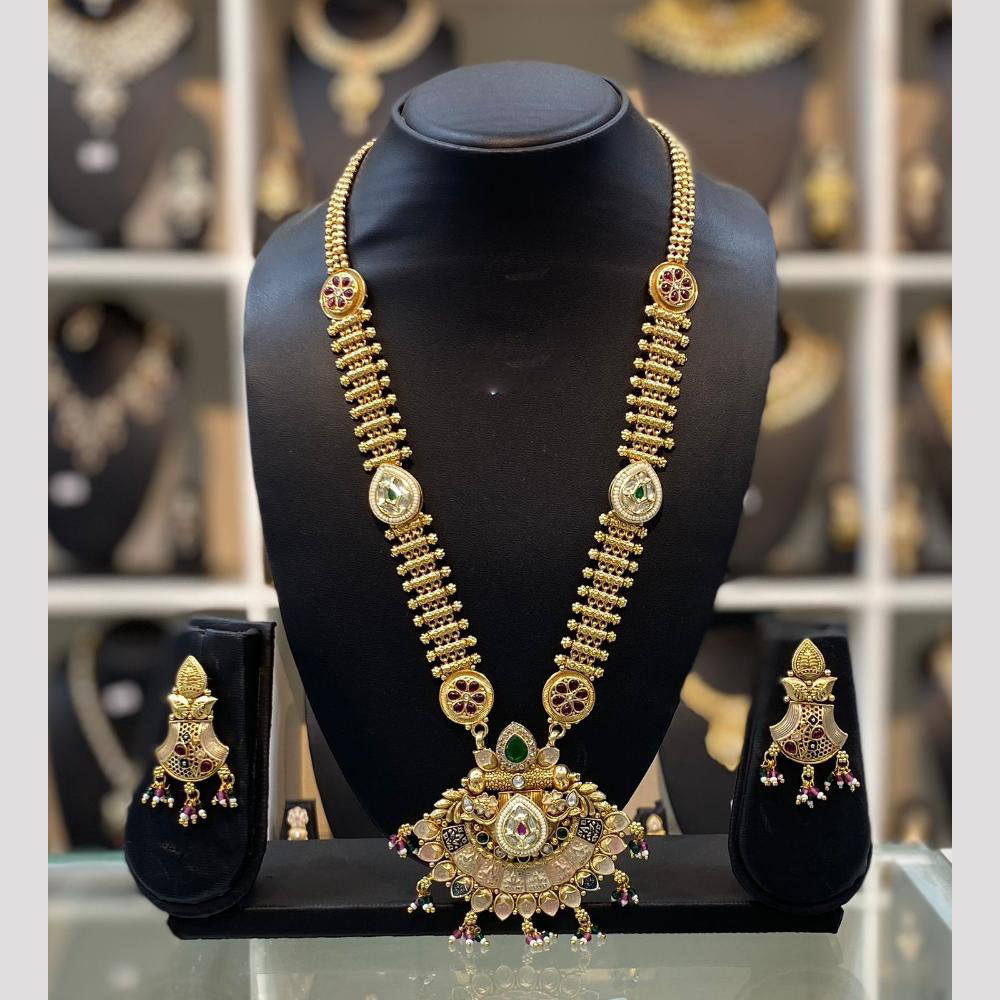 Dhiraj Sales Chopper Gold Plated Pota Stone And Meenakari Long Necklace Set