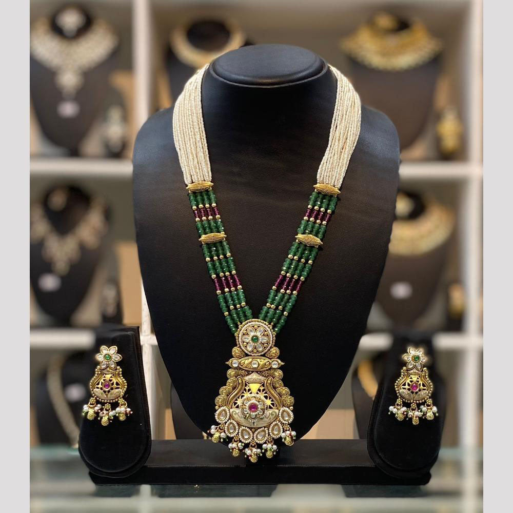 Dhiraj Sales Chopper Gold Plated Pota Stone And Meenakari Long Necklace Set