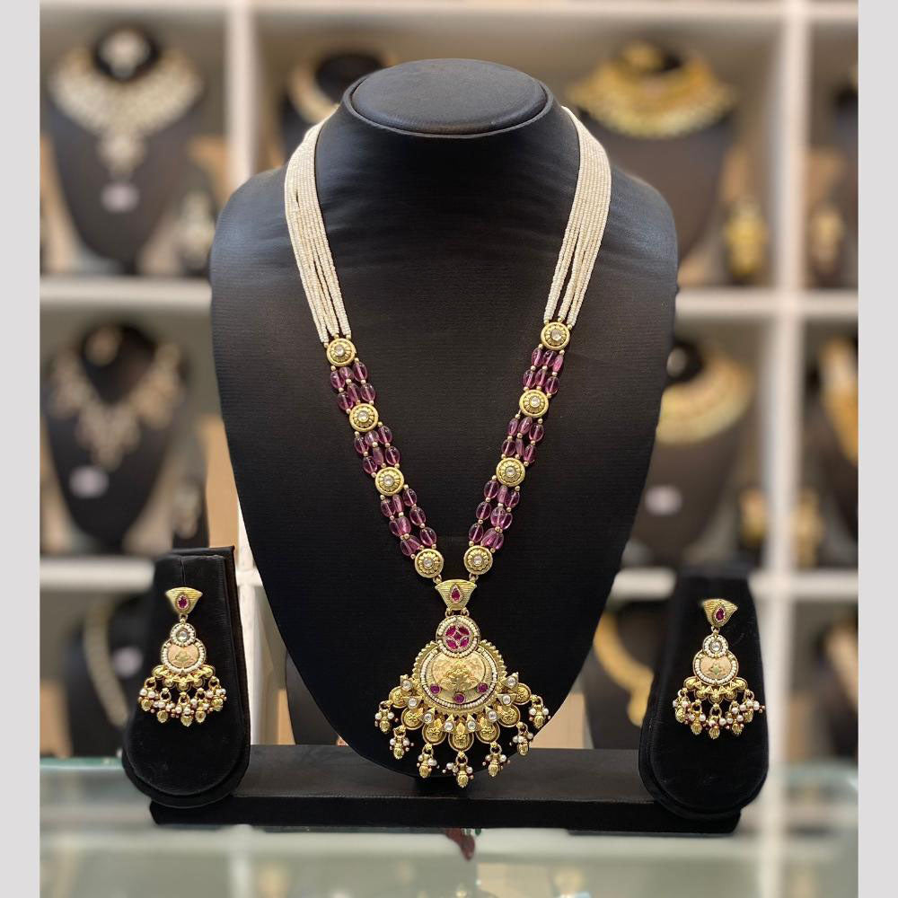 Dhiraj Sales Chopper Gold Plated Pota Stone And Meenakari Long Necklace Set