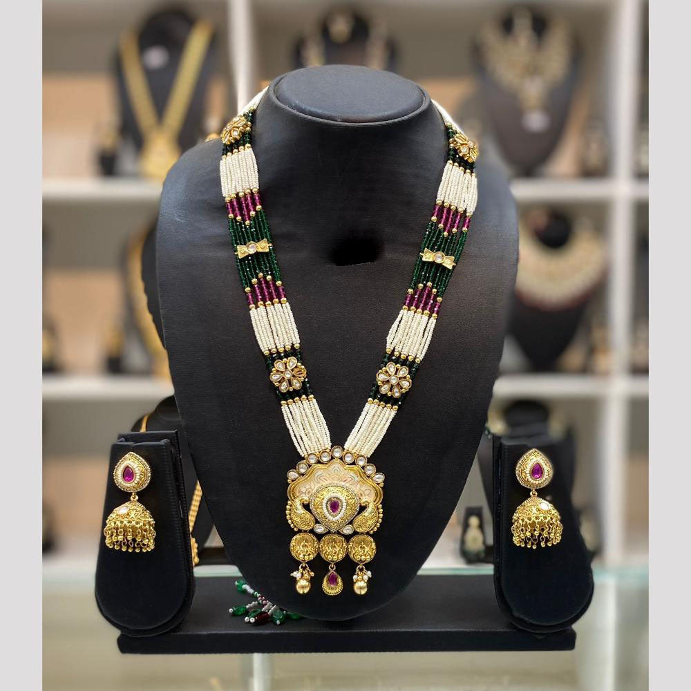 Dhiraj Sales Chopper Gold Plated Pota Stone And Meenakari Long Necklace Set
