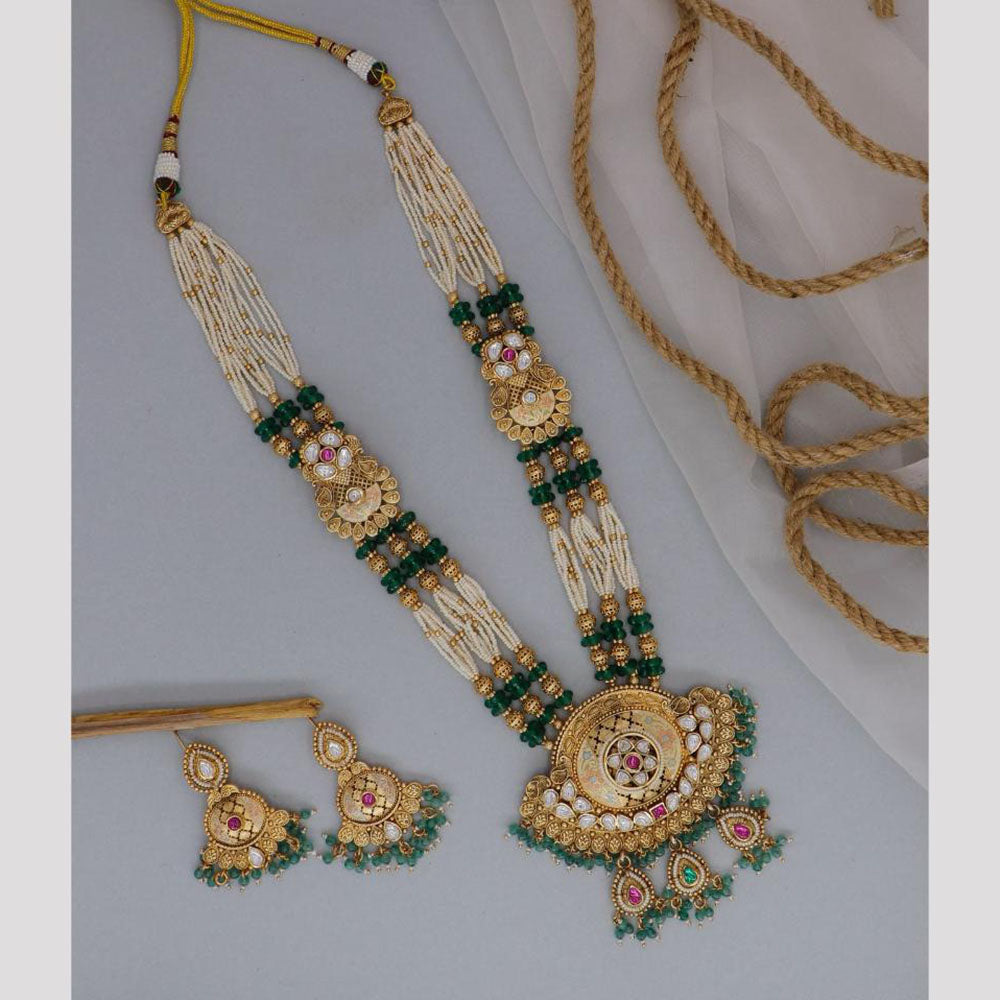 Dhiraj Sales Chopper Gold Plated Pota Stone And Meenakari Long Necklace Set