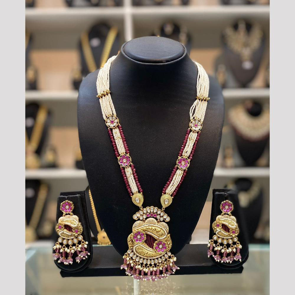 Dhiraj Sales Chopper Gold Plated Pota Stone And Meenakari Long Necklace Set