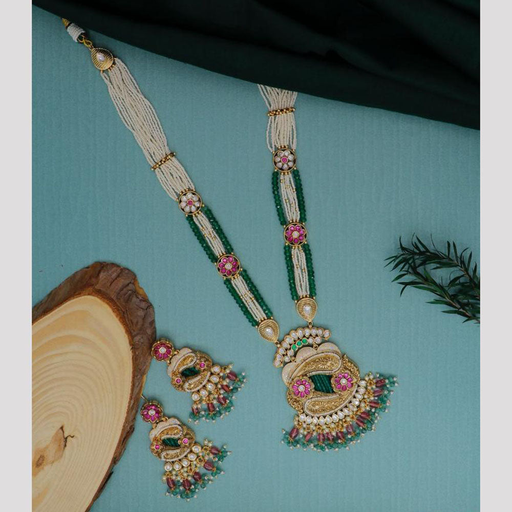 Dhiraj Sales Chopper Gold Plated Pota Stone And Meenakari Long Necklace Set