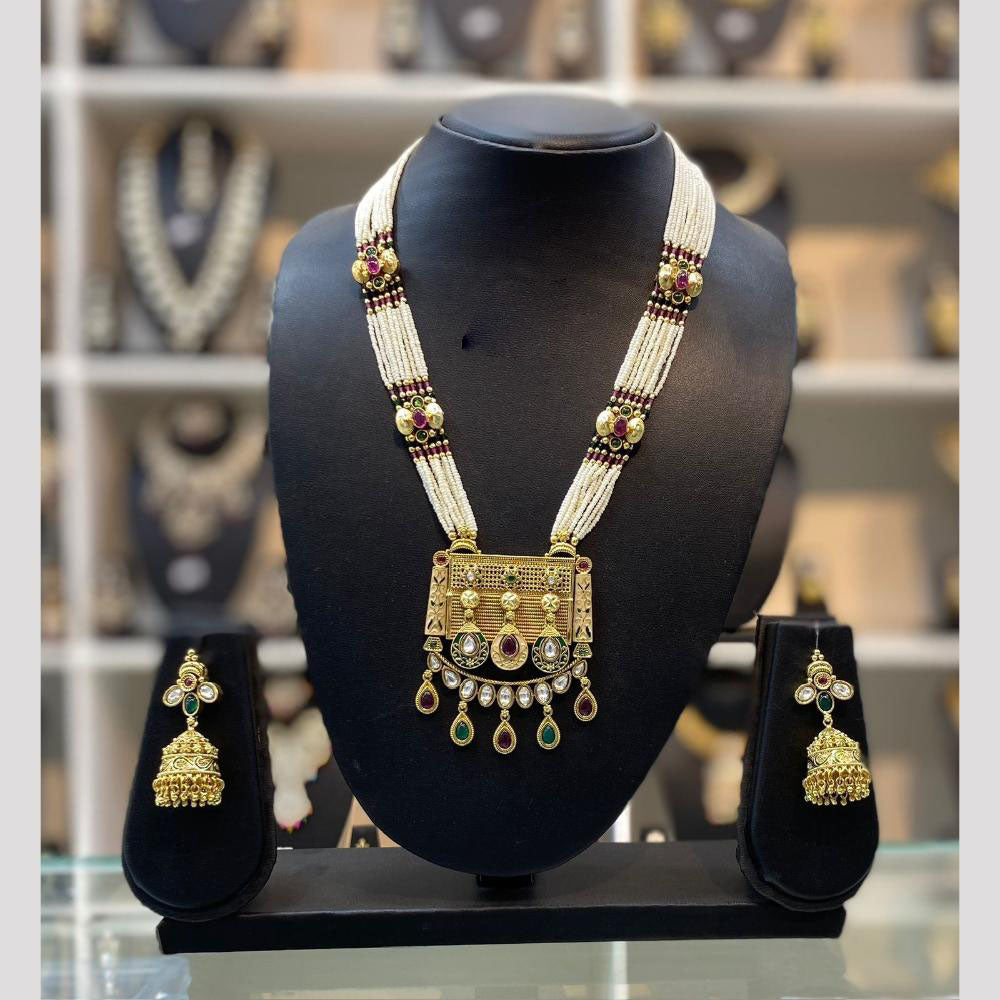 Dhiraj Sales Chopper Gold Plated Pota Stone And Pearl Long Necklace Set