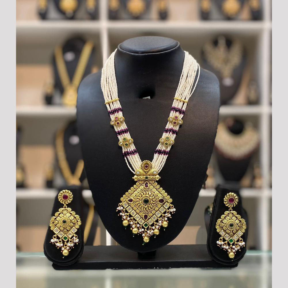 Dhiraj Sales Chopper Gold Plated Pota Stone And Pearl Long Necklace Set